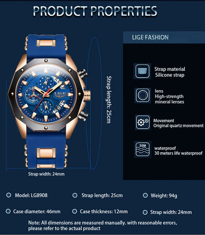 Montre Homme Luxe LIGE LG8908 Avec Logo Personnalisé Chronographe Luminescent Boîte Cadeau Bracelet En Caoutchouc Et Acier Inoxydable