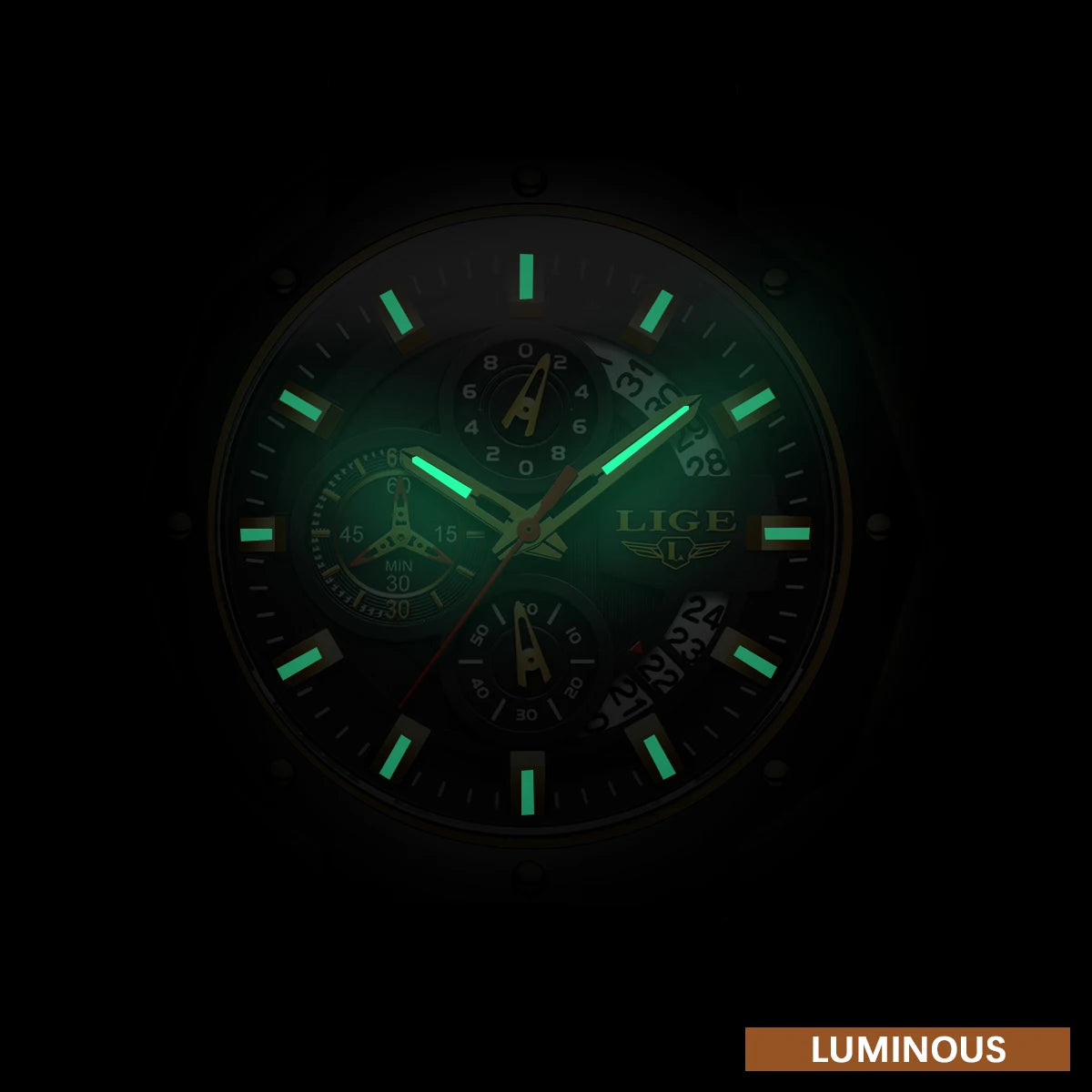 Montre Homme Luxe LIGE LG8908 Avec Logo Personnalisé Chronographe Luminescent Boîte Cadeau Bracelet En Caoutchouc Et Acier Inoxydable