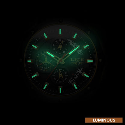 Montre Homme Luxe LIGE LG8908 Avec Logo Personnalisé Chronographe Luminescent Boîte Cadeau Bracelet En Caoutchouc Et Acier Inoxydable