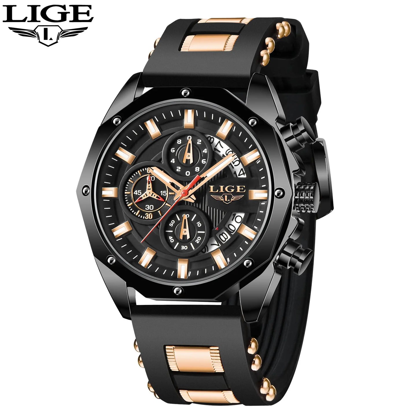 Montre Homme Luxe LIGE LG8908 Avec Logo Personnalisé Chronographe Luminescent Boîte Cadeau Bracelet En Caoutchouc Et Acier Inoxydable