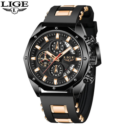 Montre Homme Luxe LIGE LG8908 Avec Logo Personnalisé Chronographe Luminescent Boîte Cadeau Bracelet En Caoutchouc Et Acier Inoxydable