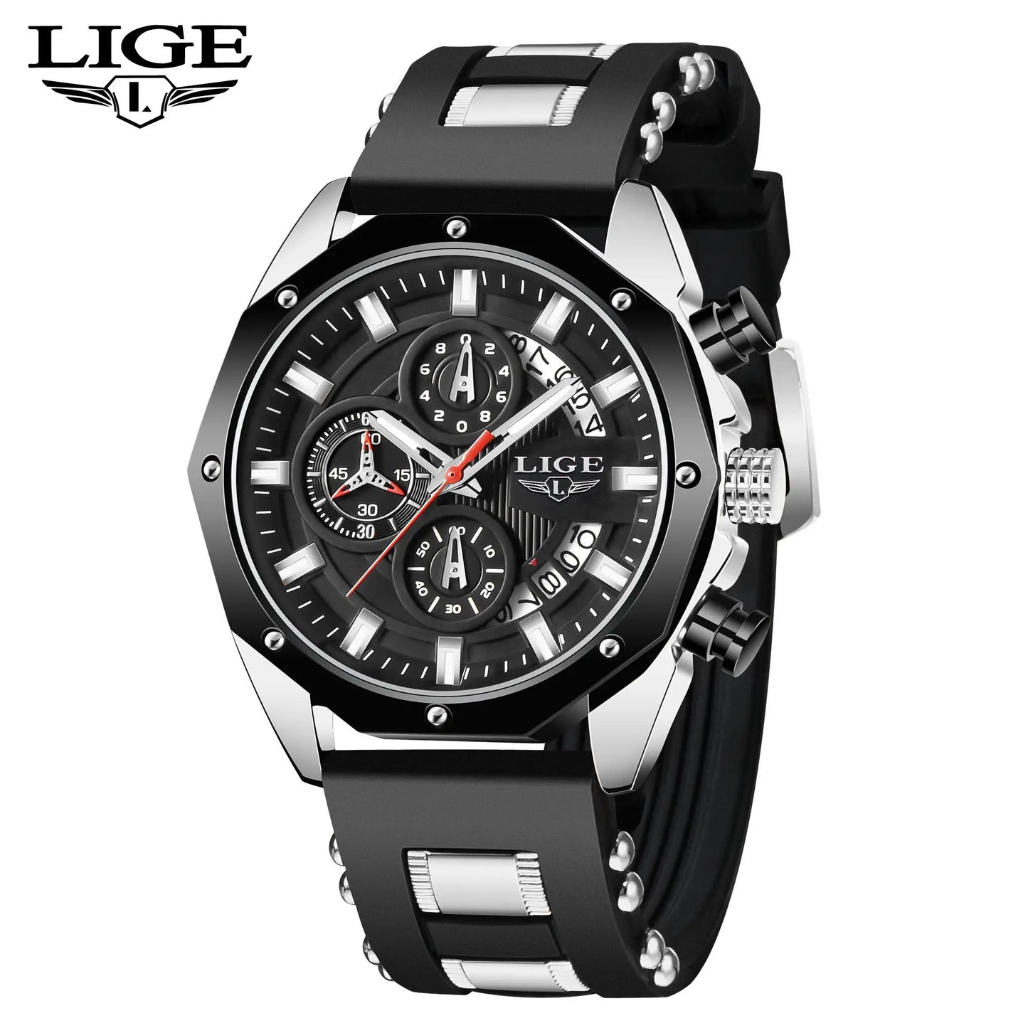 Montre Homme Luxe LIGE LG8908 Avec Logo Personnalisé Chronographe Luminescent Boîte Cadeau Bracelet En Caoutchouc Et Acier Inoxydable