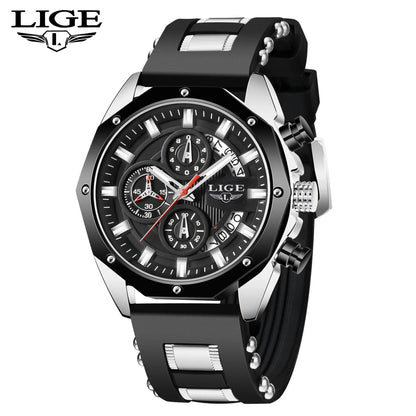 Montre Homme Luxe LIGE LG8908 Avec Logo Personnalisé Chronographe Luminescent Boîte Cadeau Bracelet En Caoutchouc Et Acier Inoxydable