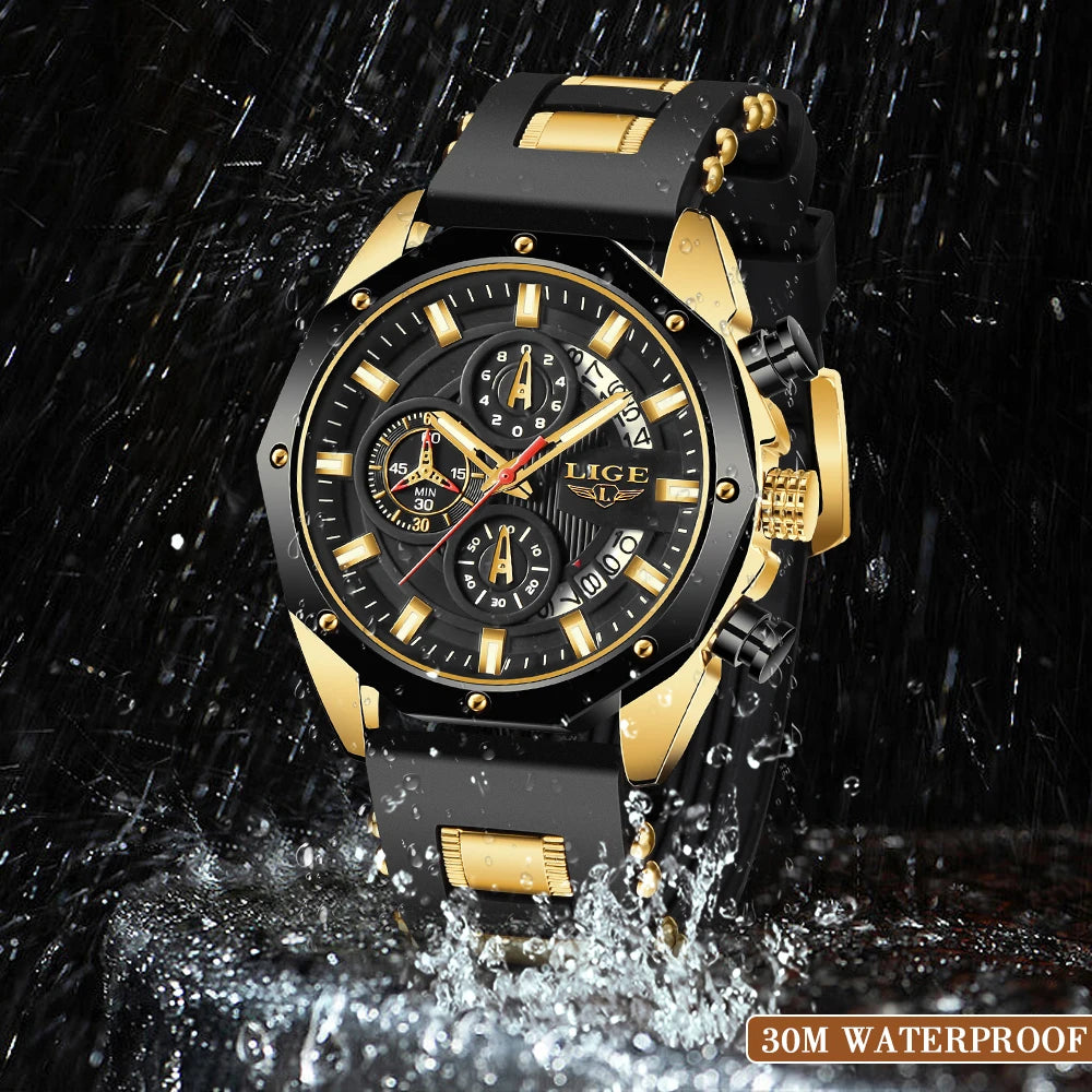 Montre Homme Luxe LIGE LG8908 Avec Logo Personnalisé Chronographe Luminescent Boîte Cadeau Bracelet En Caoutchouc Et Acier Inoxydable