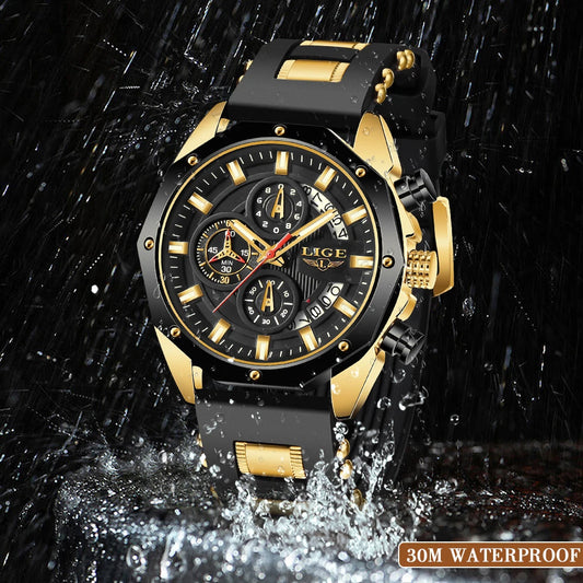 Montre Homme Luxe LIGE LG8908 Avec Logo Personnalisé Chronographe Luminescent Boîte Cadeau Bracelet En Caoutchouc Et Acier Inoxydable