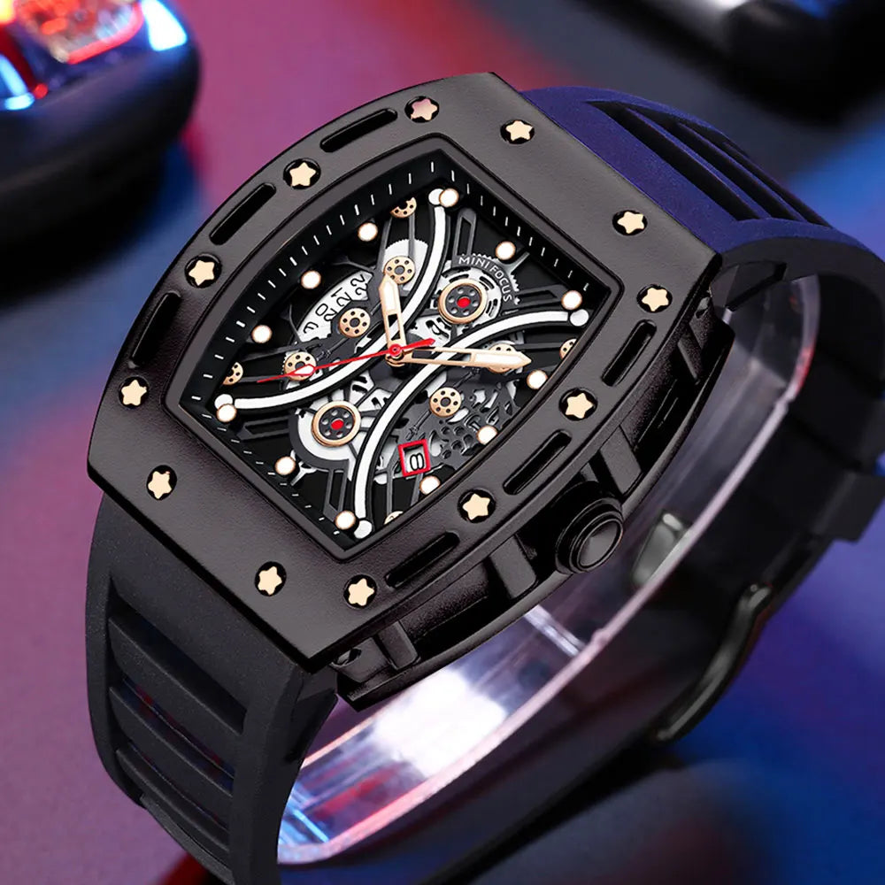 MINI FOCUS Montre Tonneau pour Homme, Montre-Bracelet Sport Militaire Étanche avec Bracelet en Silicone, Montre à Quartz