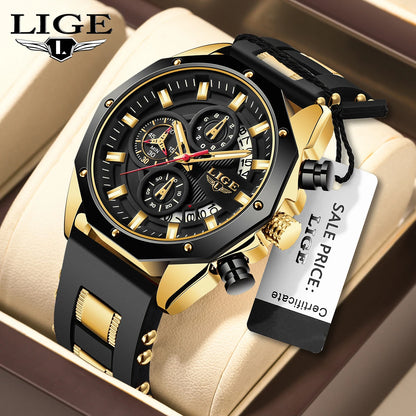 Montre Homme Luxe LIGE LG8908 Avec Logo Personnalisé Chronographe Luminescent Boîte Cadeau Bracelet En Caoutchouc Et Acier Inoxydable