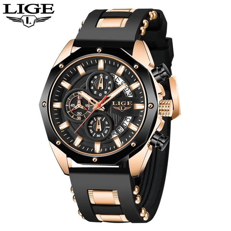 Montre Homme Luxe LIGE LG8908 Avec Logo Personnalisé Chronographe Luminescent Boîte Cadeau Bracelet En Caoutchouc Et Acier Inoxydable