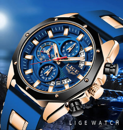 Montre Homme Luxe LIGE LG8908 Avec Logo Personnalisé Chronographe Luminescent Boîte Cadeau Bracelet En Caoutchouc Et Acier Inoxydable
