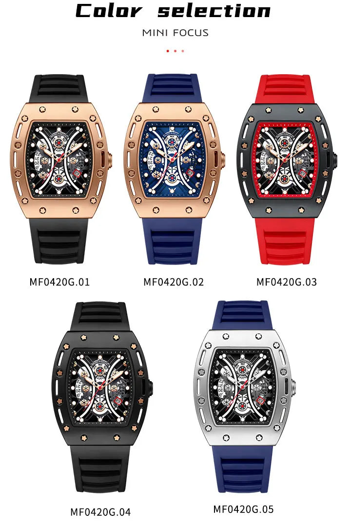 MINI FOCUS Montre Tonneau pour Homme, Montre-Bracelet Sport Militaire Étanche avec Bracelet en Silicone, Montre à Quartz
