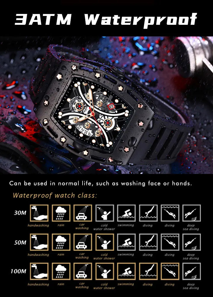 MINI FOCUS Montre Tonneau pour Homme, Montre-Bracelet Sport Militaire Étanche avec Bracelet en Silicone, Montre à Quartz