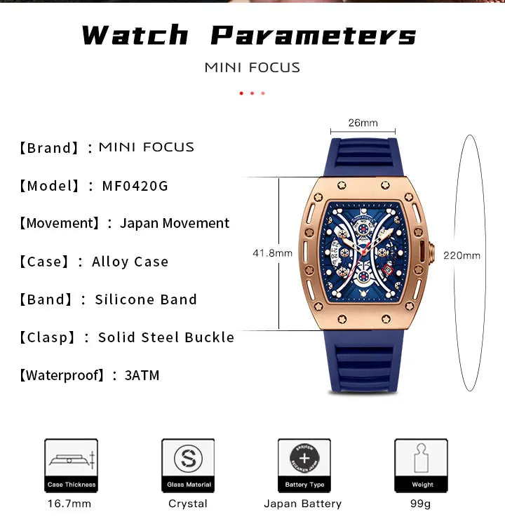 MINI FOCUS Montre Tonneau pour Homme, Montre-Bracelet Sport Militaire Étanche avec Bracelet en Silicone, Montre à Quartz
