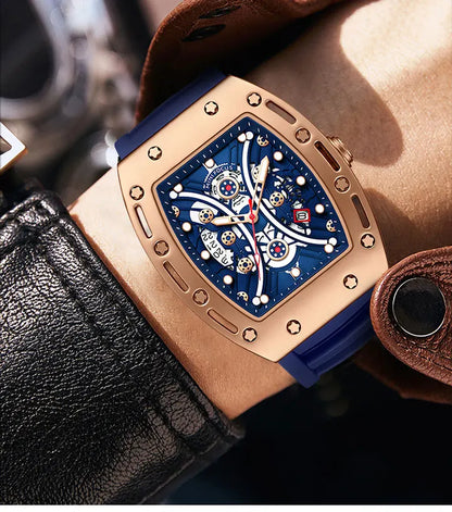 MINI FOCUS Montre Tonneau pour Homme, Montre-Bracelet Sport Militaire Étanche avec Bracelet en Silicone, Montre à Quartz