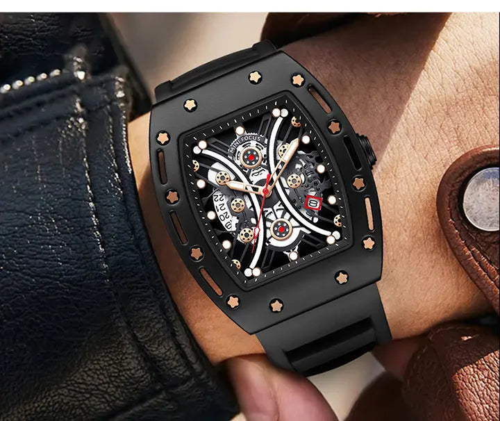 MINI FOCUS Montre Tonneau pour Homme, Montre-Bracelet Sport Militaire Étanche avec Bracelet en Silicone, Montre à Quartz