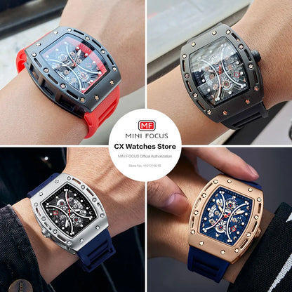 MINI FOCUS Montre Tonneau pour Homme, Montre-Bracelet Sport Militaire Étanche avec Bracelet en Silicone, Montre à Quartz