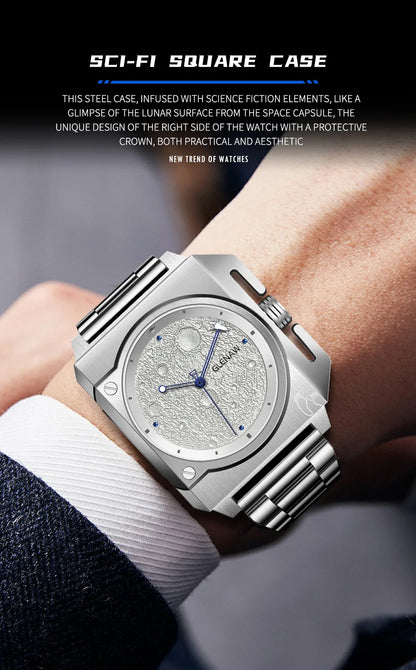 Montre Homme GLENAW Design de marque originale Montre mécanique cadran de lune pointeur de vaisseau spatial lumineux Montre en acier inoxydable pour hommes