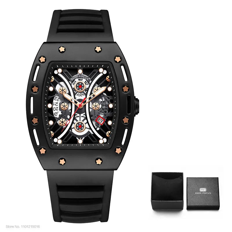 MINI FOCUS Montre Tonneau pour Homme, Montre-Bracelet Sport Militaire Étanche avec Bracelet en Silicone, Montre à Quartz