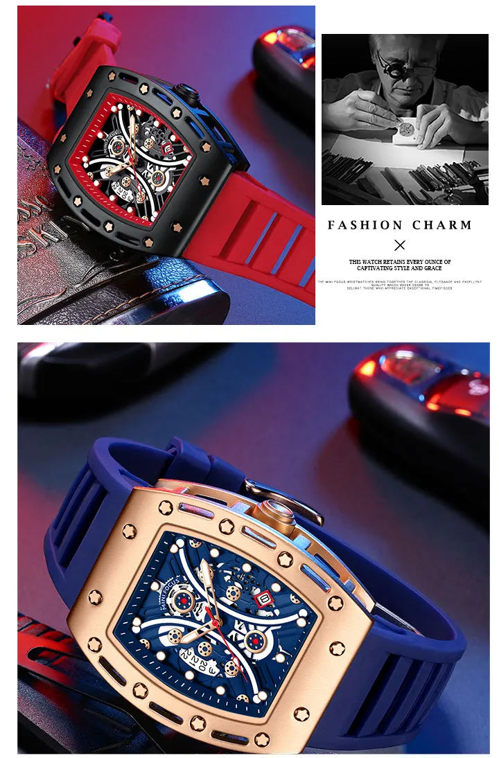 MINI FOCUS Montre Tonneau pour Homme, Montre-Bracelet Sport Militaire Étanche avec Bracelet en Silicone, Montre à Quartz