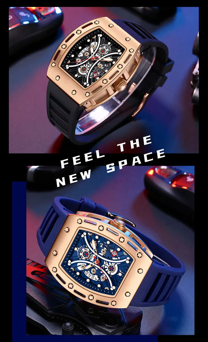 MINI FOCUS Montre Tonneau pour Homme, Montre-Bracelet Sport Militaire Étanche avec Bracelet en Silicone, Montre à Quartz