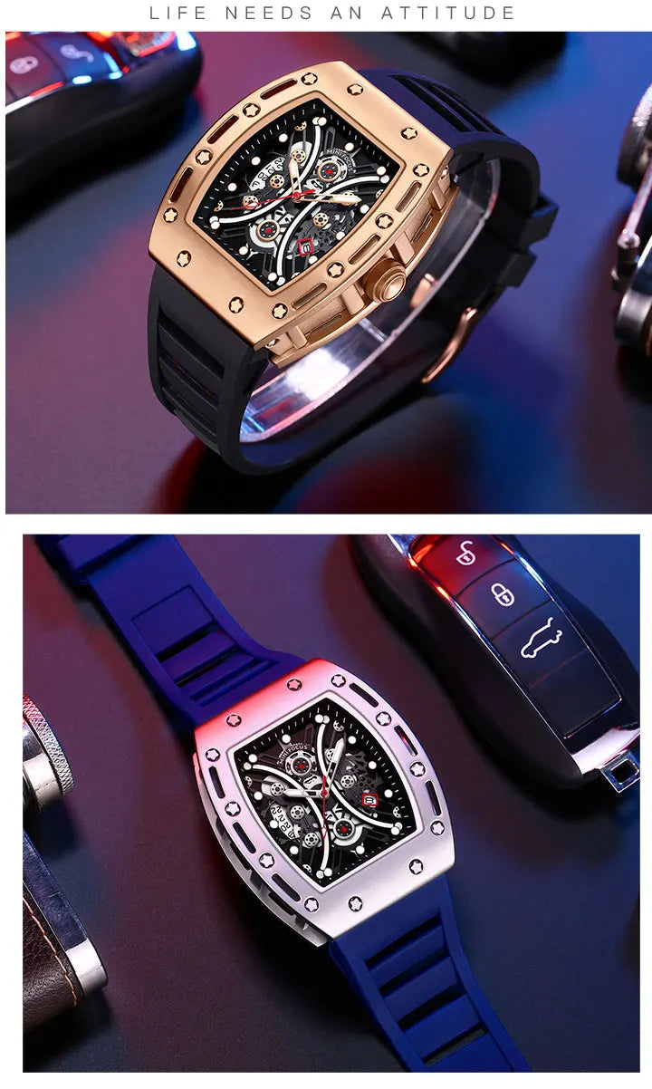 MINI FOCUS Montre Tonneau pour Homme, Montre-Bracelet Sport Militaire Étanche avec Bracelet en Silicone, Montre à Quartz