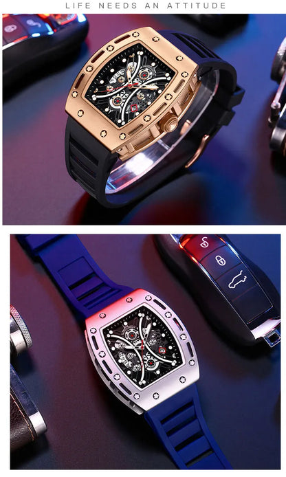 MINI FOCUS Montre Tonneau pour Homme, Montre-Bracelet Sport Militaire Étanche avec Bracelet en Silicone, Montre à Quartz