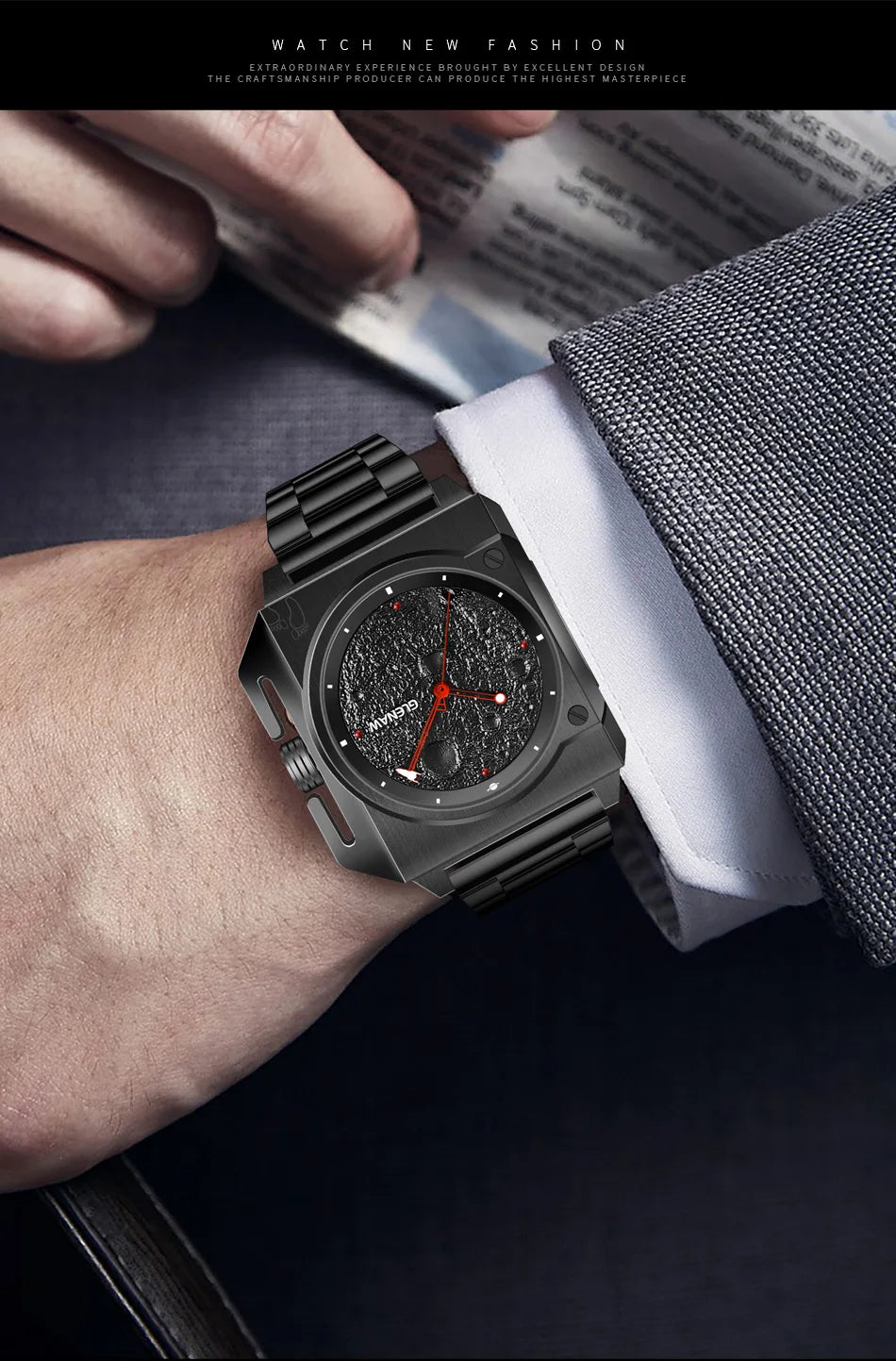 Montre Homme GLENAW Design de marque originale Montre mécanique cadran de lune pointeur de vaisseau spatial lumineux Montre en acier inoxydable pour hommes