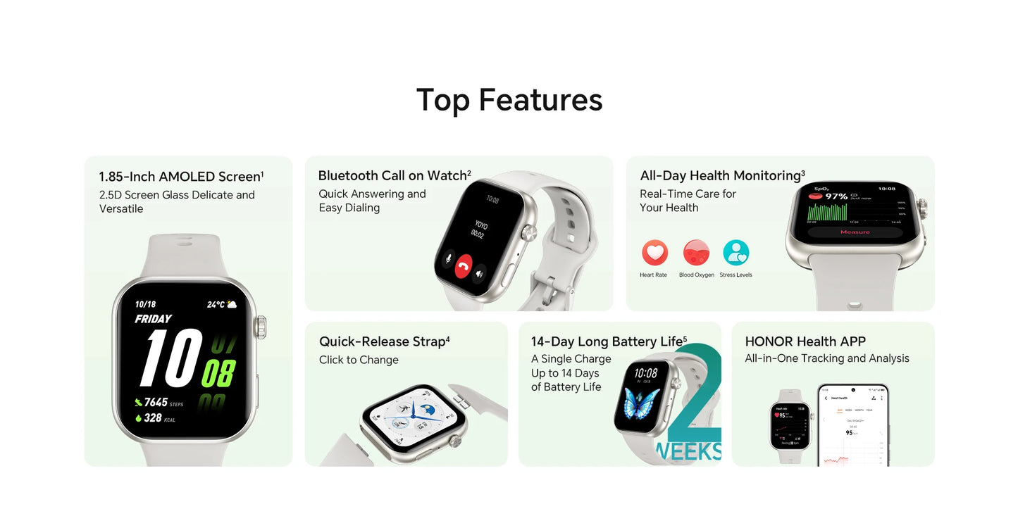 Global Version HONOR CHOICE InFoWear Watch 2i Smartwatch Écran AMOLED 1,85 pouces Surveillance de la santé tout au long de la journée Bluetooth Appel