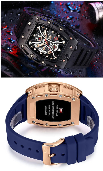 MINI FOCUS Montre Tonneau pour Homme, Montre-Bracelet Sport Militaire Étanche avec Bracelet en Silicone, Montre à Quartz