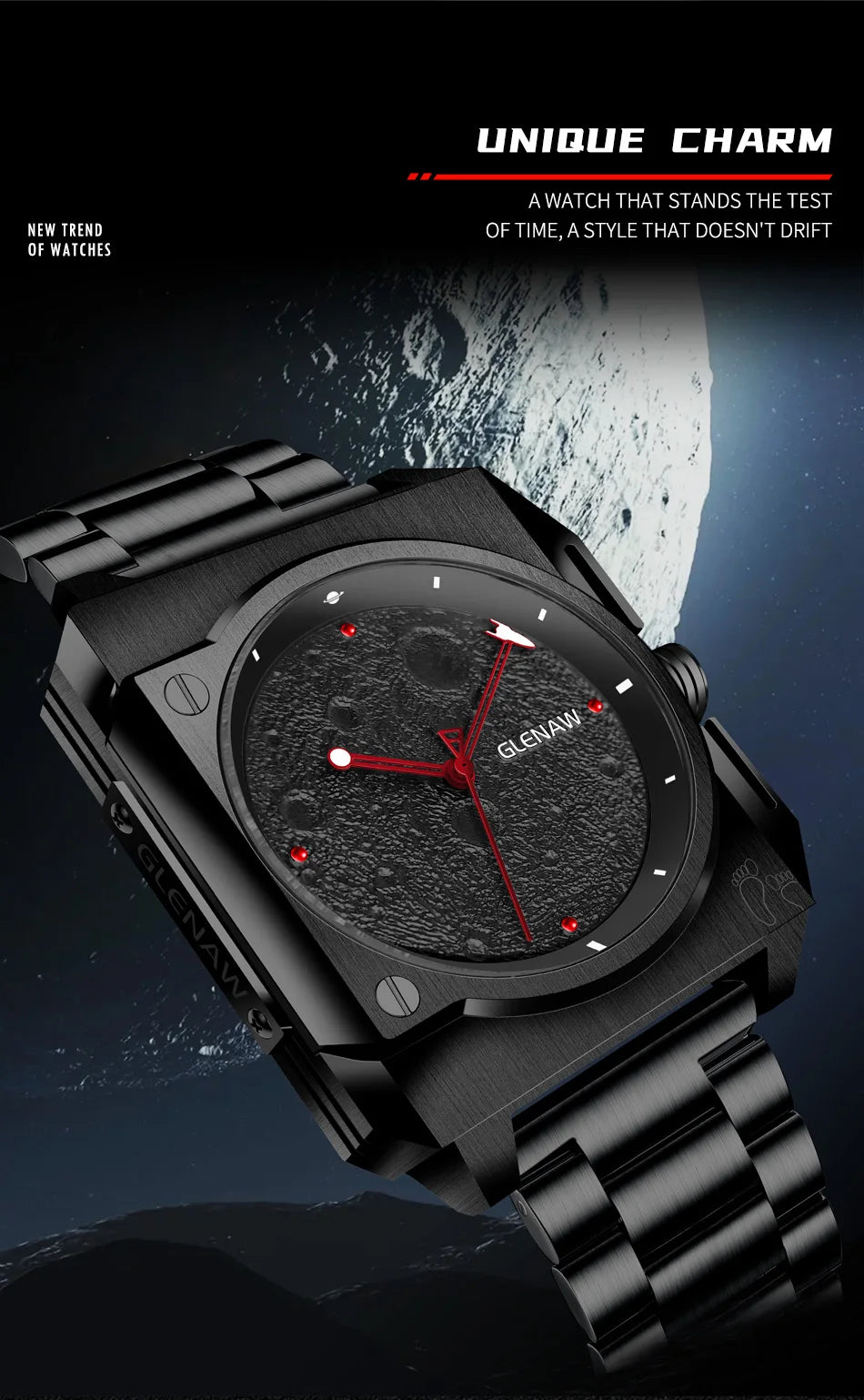 Montre Homme GLENAW Design de marque originale Montre mécanique cadran de lune pointeur de vaisseau spatial lumineux Montre en acier inoxydable pour hommes