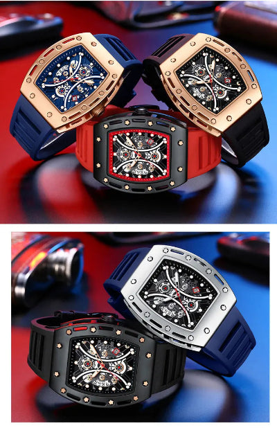 MINI FOCUS Montre Tonneau pour Homme, Montre-Bracelet Sport Militaire Étanche avec Bracelet en Silicone, Montre à Quartz