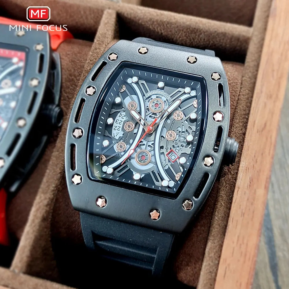 MINI FOCUS Montre Tonneau pour Homme, Montre-Bracelet Sport Militaire Étanche avec Bracelet en Silicone, Montre à Quartz