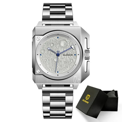 Montre Homme GLENAW Design de marque originale Montre mécanique cadran de lune pointeur de vaisseau spatial lumineux Montre en acier inoxydable pour hommes