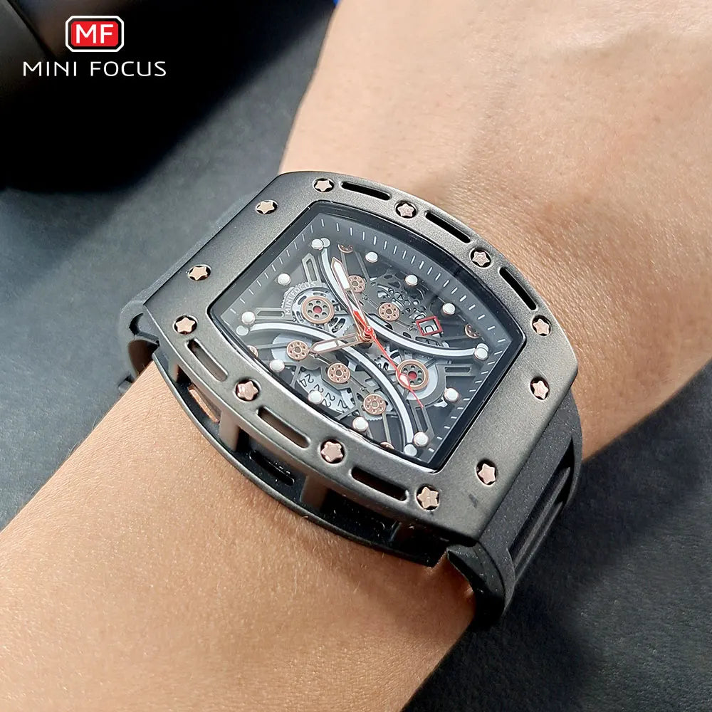 MINI FOCUS Montre Tonneau pour Homme, Montre-Bracelet Sport Militaire Étanche avec Bracelet en Silicone, Montre à Quartz