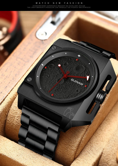 Montre Homme GLENAW Design de marque originale Montre mécanique cadran de lune pointeur de vaisseau spatial lumineux Montre en acier inoxydable pour hommes