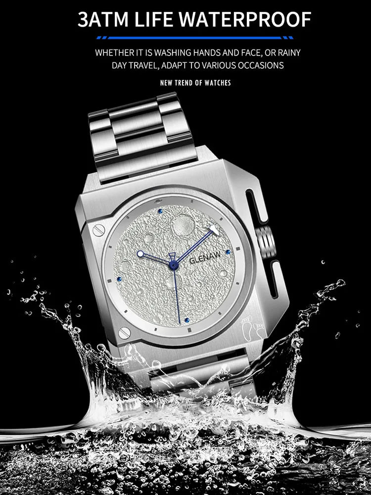 Montre Homme GLENAW Design de marque originale Montre mécanique cadran de lune pointeur de vaisseau spatial lumineux Montre en acier inoxydable pour hommes