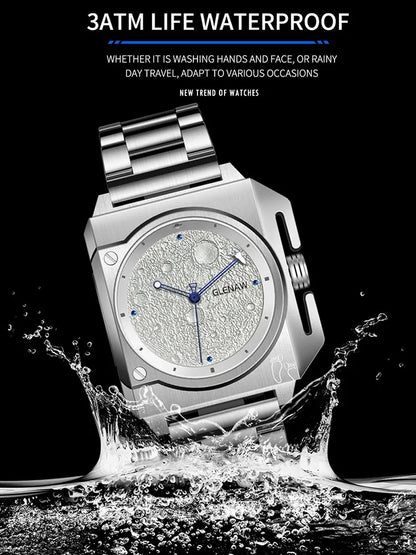 Montre Homme GLENAW Design de marque originale Montre mécanique cadran de lune pointeur de vaisseau spatial lumineux Montre en acier inoxydable pour hommes
