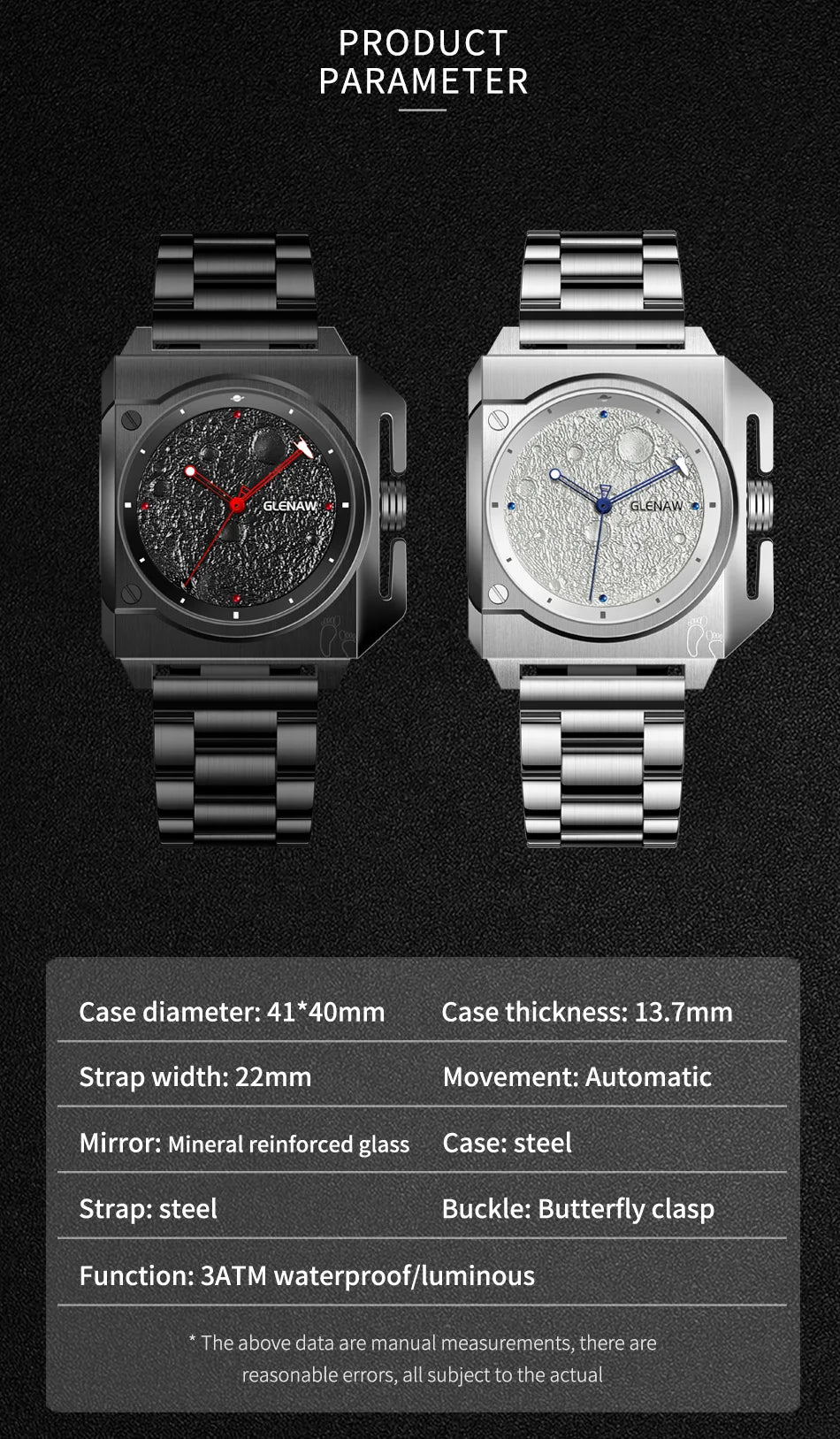 Montre Homme GLENAW Design de marque originale Montre mécanique cadran de lune pointeur de vaisseau spatial lumineux Montre en acier inoxydable pour hommes