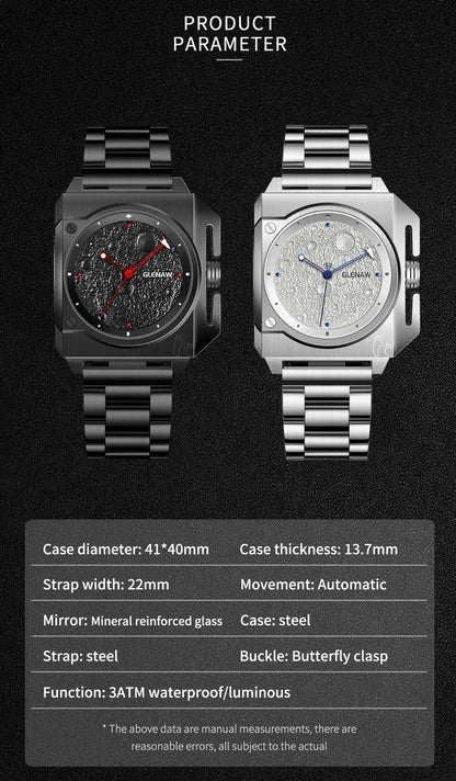 Montre Homme GLENAW Design de marque originale Montre mécanique cadran de lune pointeur de vaisseau spatial lumineux Montre en acier inoxydable pour hommes