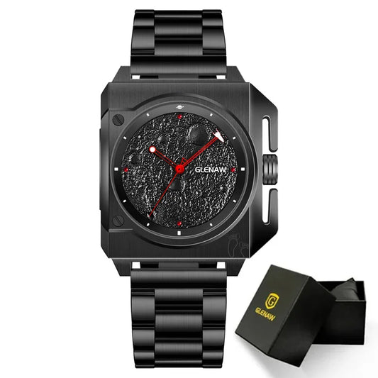 Montre Homme GLENAW Design de marque originale Montre mécanique cadran de lune pointeur de vaisseau spatial lumineux Montre en acier inoxydable pour hommes