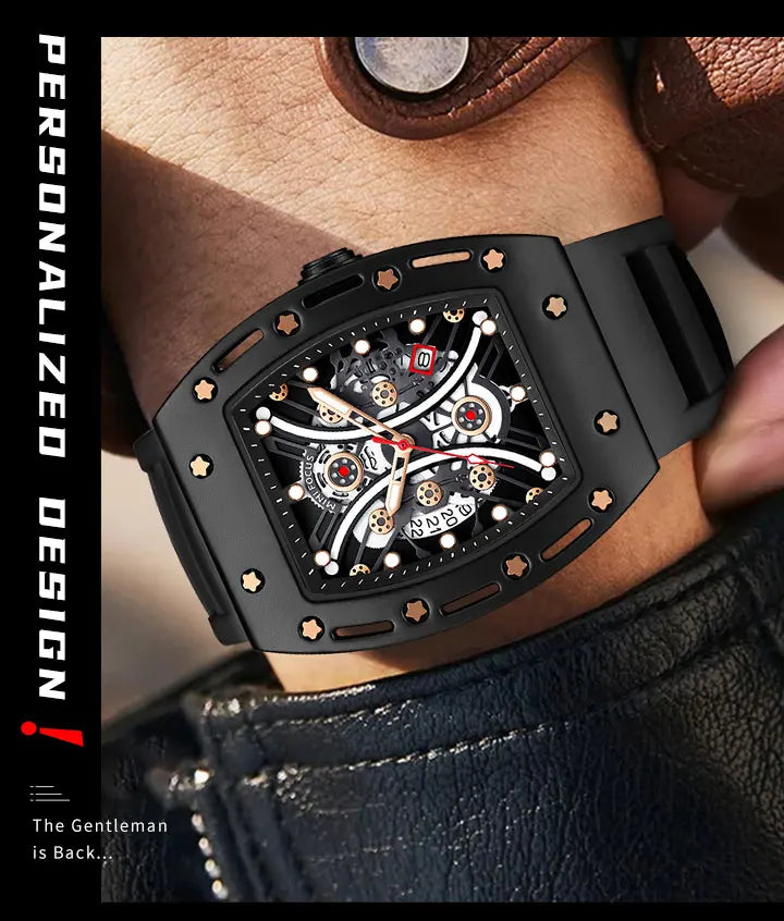 MINI FOCUS Montre Tonneau pour Homme, Montre-Bracelet Sport Militaire Étanche avec Bracelet en Silicone, Montre à Quartz