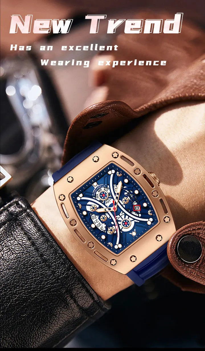 MINI FOCUS Montre Tonneau pour Homme, Montre-Bracelet Sport Militaire Étanche avec Bracelet en Silicone, Montre à Quartz